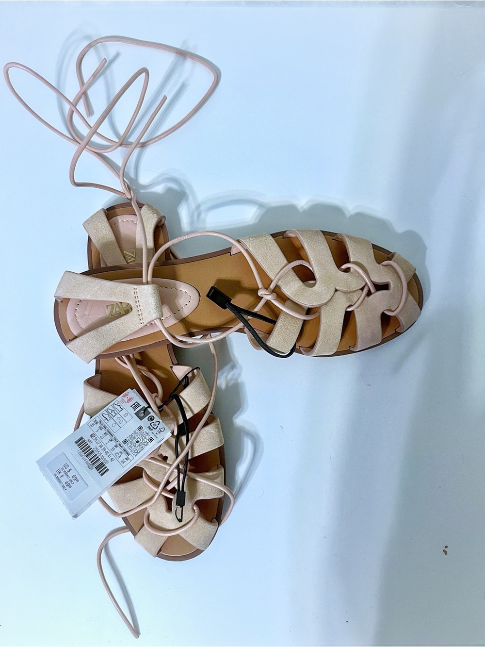 Zara NWT Pink Suede Tied Leather Fisherman Sandals Cage Flat - Picture 5 of 8